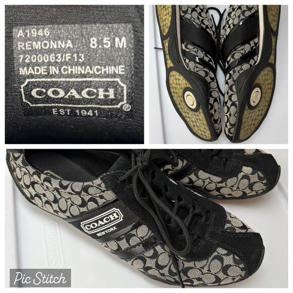 Coach Womens 8.5M REMONNA Shoes Black White CC Logo Print Lace Up Sneakers - Picture 1 of 9